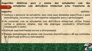 Sugestões didáticas para o ensino dos estudantes com dos
estudantes com deficiência intelectual e/ou transtorno do
espectro autista:
 Conheça o potencial do estudante, bem como suas demandas específicas e quais
metodologias, recursos e os instrumentos adequados para a aprendizagem.
 Ao conversar com os estudantes com deficiência intelectual, utilize frases
curtas e palavras simples, mas não empregue vocabulário infantilizado
(inadequado à idade);
 Estimule suas habilidades sociais e interpessoais;
 Planeje metodologias de ensino com recursos diversificados e dê aos conteúdos
um significado prático e instrumental;
35
 