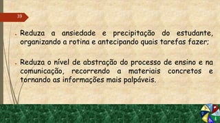 ● Reduza a ansiedade e precipitação do estudante,
organizando a rotina e antecipando quais tarefas fazer;
● Reduza o nível de abstração do processo de ensino e na
comunicação, recorrendo a materiais concretos e
tornando as informações mais palpáveis.
39
 