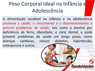 Peso Corporal Ideal na Infância e
Adolescência
A alimentação saudável na infância e na adolescência
promove a saúde, o crescimento e o desenvolvimento e
previne problemas de saúde, tais como a anemia por
deficiência de ferro, obesidade, e cárie dental; e pode
prevenir problemas de saúde em longo prazo, como
doenças cardíacas, câncer, diabetes, hipertensão,
osteoporose e outras.
 