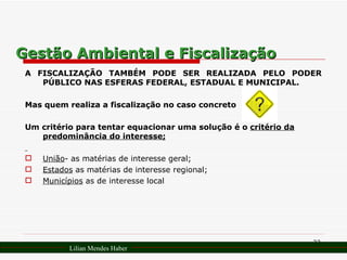 Gestão Ambiental e Fiscalização A FISCALIZAÇÃO TAMBÉM PODE SER REALIZADA PELO PODER PÚBLICO NAS ESFERAS FEDERAL, ESTADUAL E MUNICIPAL. Mas quem realiza a fiscalização no caso concreto Um critério para tentar equacionar uma solução é o  critério da predominância do interesse; União - as matérias de interesse geral; Estados  as matérias de interesse regional;  Municípios  as de interesse local Lilian Mendes Haber 