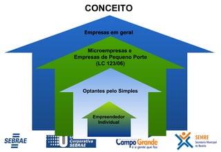 Optantes pelo Simples Microempresas e  Empresas de Pequeno Porte (LC 123/06) Empreendedor Individual CONCEITO Empresas em geral 