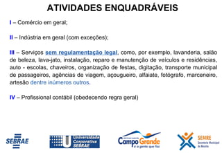 I  – Comércio em geral; II   – Indústria em geral   (com exceções);  III   – Serviços  sem regulamentação legal , como, por exemplo, lavanderia, salão de beleza, lava-jato, instalação, reparo e manutenção de veículos e residências, auto - escolas, chaveiros, organização de festas, digitação, transporte municipal de passageiros, agências de viagem, açougueiro, alfaiate, fotógrafo, marceneiro, artesão  dentre inúmeros outros . IV   – Profissional contábil (obedecendo regra geral) ATIVIDADES ENQUADRÁVEIS 