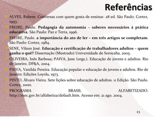 Referências
 ALVES, Rubem. Conversas com quem gosta de ensinar. 28 ed. São Paulo. Cortez,

1993.
 FREIRE, Paulo. Pedagogia da autonomia – saberes necessários à prática
educativa. São Paulo: Paz e Terra, 1996.
 FREIRE, Paulo. a importância do ato de ler – em três artigos se completam.
São Paulo: Cortez, 1984.
 SENE, Vilson José. Educação e certificação de trabalhadores adultos – quem
ganha o quê? Dissertação (Mestrado) Universidade de Sorocaba, 2005.
 OLIVEIRA, Inês Barbosa; PAIVA, Jane (orgs.). Educação de jovens e adultos. Rio
de Janeiro. DP&A, 2004.
 PAIVA, Vanilda Pereira. Educação popular e educação de jovens e adultos. Rio de
Janeiro: Edições Loyola, 1973.
 PINTO, Álvaro Vieira. Sete lições sobre educação de adultos. 11 Edição. São Paulo.
Cortez, 2000.
 PROGRAMA
BRASIL
ALFABETIZADO.
http://mec.gov.br/alfabetiza/default.htm. Acesso em: 21 ago. 2004.

23

 