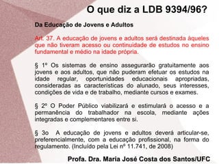 O que diz a LDB 9394/96?
Da Educação de Jovens e Adultos
Art. 37. A educação de jovens e adultos será destinada àqueles
que não tiveram acesso ou continuidade de estudos no ensino
fundamental e médio na idade própria.
§ 1º Os sistemas de ensino assegurarão gratuitamente aos
jovens e aos adultos, que não puderam efetuar os estudos na
idade regular, oportunidades educacionais apropriadas,
consideradas as características do alunado, seus interesses,
condições de vida e de trabalho, mediante cursos e exames.
§ 2º O Poder Público viabilizará e estimulará o acesso e a
permanência do trabalhador na escola, mediante ações
integradas e complementares entre si.
§ 3o A educação de jovens e adultos deverá articular-se,
preferencialmente, com a educação profissional, na forma do
regulamento. (Incluído pela Lei nº 11.741, de 2008)

Profa. Dra. Maria José Costa dos Santos/UFC

 