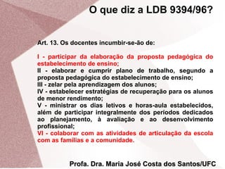 O que diz a LDB 9394/96?
Art. 13. Os docentes incumbir-se-ão de:
I - participar da elaboração da proposta pedagógica do
estabelecimento de ensino;
II - elaborar e cumprir plano de trabalho, segundo a
proposta pedagógica do estabelecimento de ensino;
III - zelar pela aprendizagem dos alunos;
IV - estabelecer estratégias de recuperação para os alunos
de menor rendimento;
V - ministrar os dias letivos e horas-aula estabelecidos,
além de participar integralmente dos períodos dedicados
ao planejamento, à avaliação e ao desenvolvimento
profissional;
VI - colaborar com as atividades de articulação da escola
com as famílias e a comunidade.

Profa. Dra. Maria José Costa dos Santos/UFC

 