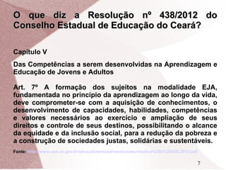 O que diz a Resolução nº 438/2012 do
Conselho Estadual de Educação do Ceará?
Capítulo V
Das Competências a serem desenvolvidas na Aprendizagem e
Educação de Jovens e Adultos
Art. 7º A formação dos sujeitos na modalidade EJA,
fundamentada no princípio da aprendizagem ao longo da vida,
deve comprometer-se com a aquisição de conhecimentos, o
desenvolvimento de capacidades, habilidades, competências
e valores necessários ao exercício e ampliação de seus
direitos e controle de seus destinos, possibilitando o alcance
da equidade e da inclusão social, para a redução da pobreza e
a construção de sociedades justas, solidárias e sustentáveis.
Fonte: http://www.cee.ce.gov.br/phocadownload/resolucoes/resoluo%20n%20438.2012.pdf

7

 