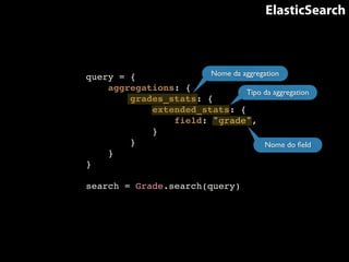 ElasticSearch 
query = {! 
aggregations: {! 
Nome da aggregation 
grades_stats: {! 
Tipo da aggregation 
extended_stats: {! 
field: "grade",! 
}! 
}! 
}! 
}! 
! 
search = Grade.search(query) 
Nome do field 
 