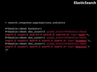 ElasticSearch 
> search.response.aggregations.subjects! 
! 
#<Hashie::Mash buckets=[! 
#<Hashie::Mash doc_count=2 grade_stats=#<Hashie::Mash 
avg=9.0 count=2 max=10.0 min=8.0 sum=18.0> key="math">, 
#<Hashie::Mash doc_count=1 grade_stats=#<Hashie::Mash 
avg=4.6 count=1 max=4.6 min=4.6 sum=4.6> key="grammar">, 
#<Hashie::Mash doc_count=1 grade_stats=#<Hashie::Mash 
avg=9.5 count=1 max=9.5 min=9.5 sum=9.5> key=“physics">! 
]> 
 