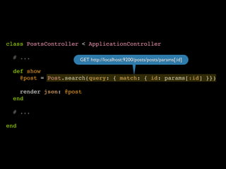 class PostsController < ApplicationController! 
! 
# ...! 
! 
def show! 
@post = Post.search(query: { match: { id: params[:id] }})! 
! 
render json: @post! 
end! 
! 
# ...! 
! 
end 
GET http://localhost:9200/posts/posts/params[:id] 
 