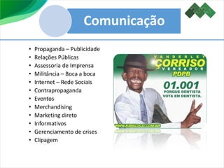 Comunicação
• Propaganda – Publicidade
• Relações Públicas
• Assessoria de Imprensa
• Militância – Boca a boca
• Internet – Rede Sociais
• Contrapropaganda
• Eventos
• Merchandising
• Marketing direto
• Informativos
• Gerenciamento de crises
• Clipagem
 