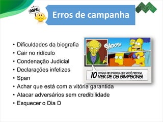 Erros de campanha
• Dificuldades da biografia
• Cair no ridículo
• Condenação Judicial
• Declarações infelizes
• Span
• Achar que está com a vitória garantida
• Atacar adversários sem credibilidade
• Esquecer o Dia D
 