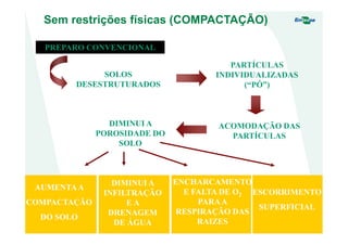 ACOMODAÇÃO DAS
PARTÍCULAS
DIMINUI A
POROSIDADE DO
SOLO
AUMENTAA
COMPACTAÇÃO
DO SOLO
DIMINUI A
INFILTRAÇÃO
E A
DRENAGEM
DE ÁGUA
ENCHARCAMENTO
E FALTA DE O2
PARAA
RESPIRAÇÃO DAS
RAIZES
ESCORRIMENTO
SUPERFICIAL
PARTÍCULAS
INDIVIDUALIZADAS
(“PÓ”)
SOLOS
DESESTRUTURADOS
PREPARO CONVENCIONAL
Sem restrições físicas (COMPACTAÇÃO)
 