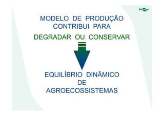 MODELO DE PRODUÇÃO
CONTRIBUI PARA
DEGRADAR OU CONSERVAR
EQUILÍBRIO DINÂMICO
DE
AGROECOSSISTEMAS
 