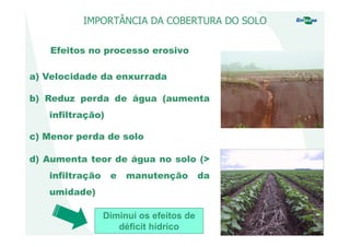 IMPORTÂNCIA DA COBERTURA DO SOLO
Efeitos no processo erosivo
a) Velocidade da enxurrada
b) Reduz perda de água (aumenta
infiltração)
c) Menor perda de solo
d) Aumenta teor de água no solo (>
infiltração e manutenção da
umidade)
Diminui os efeitos de
déficit hídrico
 