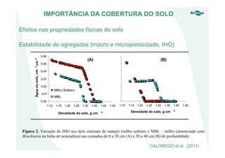 0.00
0.01
0.02
0.03
0.04
0.05
0.06
1.10 1.15 1.20 1.25 1.30 1.35 1.40 1.45
Densidade do solo, g cm -3
Águanosolo,cm3
cm-3
Milho Solteiro
MBL
(A)
1.10 1.15 1.20 1.25 1.30 1.35 1.40 1.45
Densidade do solo, g cm -3
(B)
0.00
0.01
0.02
0.03
0.04
0.05
0.06
1.10 1.15 1.20 1.25 1.30 1.35 1.40 1.45
Densidade do solo, g cm -3
Águanosolo,cm3
cm-3
Milho Solteiro
MBL
(A)
1.10 1.15 1.20 1.25 1.30 1.35 1.40 1.45
Densidade do solo, g cm -3
(B)
Figura 2. Variação do IHO nos dois sistemas de manejo (milho solteiro e MBL – milho consorciado com
Brachiaria na linha de semeadura) nas camadas de 0 a 20 cm (A) e 20 a 40 cm (B) de profundidade.
CALONEGO et al. (2011)
IMPORTÂNCIA DA COBERTURA DO SOLO
Efeitos nas propriedades físicas do solo
Estabilidade de agregados (macro e microporosidade, IHO)
 