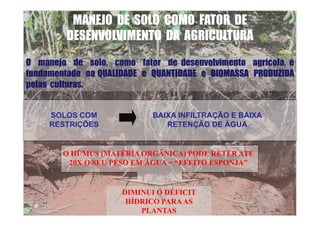 SOLOS COM
RESTRIÇÕES
BAIXA INFILTRAÇÃO E BAIXA
RETENÇÃO DE ÁGUA
DIMINUI O DÉFICIT
HÍDRICO PARAAS
PLANTAS
O HÚMUS (MATÉRIA ORGÂNICA) PODE RETER ATÉ
20X O SEU PESO EM ÁGUA = “EFEITO ESPONJA”
O manejo de solo, como fator de desenvolvimento agrícola, é
fundamentado na QUALIDADE e QUANTIDADE e BIOMASSA PRODUZIDA
pelas culturas.
MANEJO DE SOLO COMO FATOR DE
DESENVOLVIMENTO DA AGRICULTURA
 