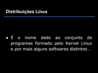 Distribuições Linux




● É o nome dado ao conjunto de
  programas formado pelo Kernel Linux
  e por mais alguns softwares distintos .
 