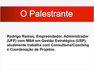 O PalestranteRodrigo Ramos, Empreendedor, Administrador (UFF) com MBA em Gestão Estratégica (USP), atualmente trabalha com Consultoria/Coaching e Coordenação de Projetos.
