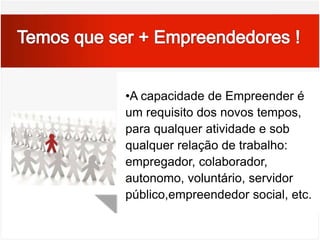Como ser + EMPREENDEDOR ?PersistênciaAge diante de um obstáculo de um                                  obstáculo significativo.Age repetidamente ou muda de estratégia                               a fim de enfrentar um desafio ou superar                                 um obstáculo. Faz um sacrifício pessoal  ou despende                                            um esforço extraordinário para completar uma tarefa.