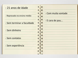 - 21 anos de idade
- Reprovado no ensino médio
- Sem terminar a faculdade
- Sem dinheiro
- Sem contatos
- Sem experiência
- Com muita vontade
- E cara de pau...
 