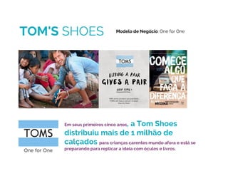 Em seus primeiros cinco anos, a Tom Shoes
distribuiu mais de 1 milhão de
calçados para crianças carentes mundo afora e está se
preparando para replicar a ideia com óculos e livros.
Modelo de Negócio: One for One
TOM'S SHOES
 