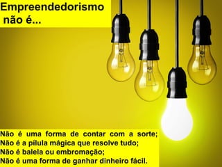 Empreendedorismo
não é...
Não é uma forma de contar com a sorte;
Não é a pílula mágica que resolve tudo;
Não é balela ou embromação;
Não é uma forma de ganhar dinheiro fácil.
 