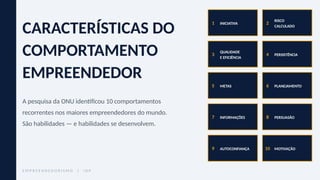 CARACTERÍSTICAS DO
COMPORTAMENTO
EMPREENDEDOR
A pesquisa da ONU identificou 10 comportamentos
recorrentes nos maiores empreendedores do mundo.
São habilidades — e habilidades se desenvolvem.
1 INICIATIVA 2
RISCO
CALCULADO
3
QUALIDADE
E EFICIÊNCIA
4 PERSISTÊNCIA
5 METAS 6 PLANEJAMENTO
7 INFORMAÇÕES 8 PERSUASÃO
9 AUTOCONFIANÇA 10 MOTIVAÇÃO
E M P R E E N D E D O R I S M O | I D P
 