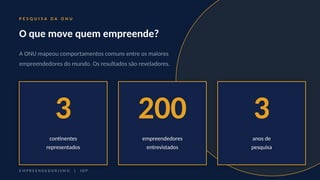 P E S Q U I S A D A O N U
O que move quem empreende?
A ONU mapeou comportamentos comuns entre os maiores
empreendedores do mundo. Os resultados são reveladores.
3
continentes
representados
200
empreendedores
entrevistados
3
anos de
pesquisa
E M P R E E N D E D O R I S M O | I D P
 