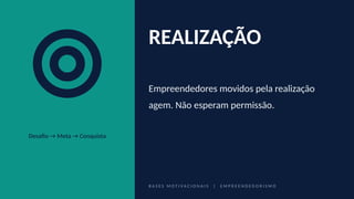 Desafio → Meta → Conquista
REALIZAÇÃO
Empreendedores movidos pela realização
agem. Não esperam permissão.
B A S E S M O T I V A C I O N A I S | E M P R E E N D E D O R I S M O
 