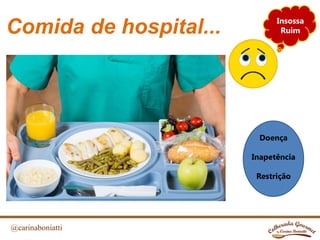 @carinaboniatti
Comida de hospital...
Doença
Inapetência
Restrição
Insossa
Ruim
 