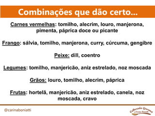 Combinações que dão certo...
@carinaboniatti
Carnes vermelhas: tomilho, alecrim, louro, manjerona,
pimenta, páprica doce ou picante
Frango: sálvia, tomilho, manjerona, curry, cúrcuma, gengibre
Peixe: dill, coentro
Legumes: tomilho, manjericão, aniz estrelado, noz moscada
Grãos: louro, tomilho, alecrim, páprica
Frutas: hortelã, manjericão, aniz estrelado, canela, noz
moscada, cravo
 