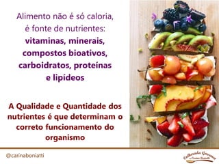 Alimento não é só caloria,
é fonte de nutrientes:
vitaminas, minerais,
compostos bioativos,
carboidratos, proteínas
e lipídeos
A Qualidade e Quantidade dos
nutrientes é que determinam o
correto funcionamento do
organismo
@carinaboniatti
 