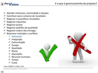 © Direitos Reservados ProValore 2014 
E o que é gerenciamento de projetos? 
Fonte: PMBOK 5ª edição, 2012 
Atender interesses, necessidade e desejos 
Contribuir para o alcance de resultados 
Negociar e quantificar resultados 
Negociar requisitos 
Negociar prazos 
Negociar padrões de qualidade 
Negociar ordem das entregas 
Balancear restrições e conflitos 
Interesses 
Integração 
Comunicação 
Escopo 
Qualidade 
Riscos 
Aquisições 
Recursos humanos 
Tempo 
Custo  