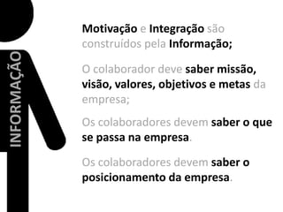Motivaçãoe Integração são construídos pela Informação;O colaborador deve saber missão, visão, valores, objetivos e metas da empresa;INFORMAÇÃOOs colaboradores devem saber o que se passa na empresa.Os colaboradores devem saber o posicionamento da empresa.