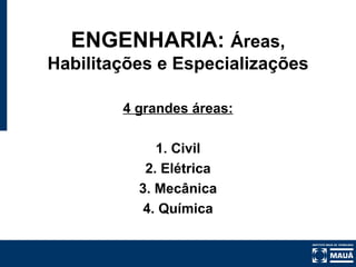 ENGENHARIA:   Áreas, Habilitações e Especializações 4 grandes áreas: 1. Civil 2. Elétrica 3. Mecânica 4. Química 