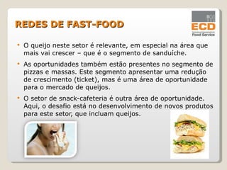 O queijo neste setor é relevante, em especial na área que mais vai crescer – que é o segmento de sanduíche. As oportunidades também estão presentes no segmento de pizzas e massas. Este segmento apresentar uma redução de crescimento (ticket), mas é uma área de oportunidade para o mercado de queijos. O setor de snack-cafeteria é outra área de oportunidade. Aqui, o desafio está no desenvolvimento de novos produtos para este setor, que incluam queijos. REDES DE FAST-FOOD 