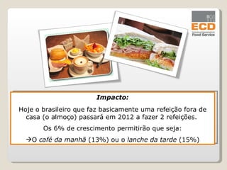 Impacto: Hoje o brasileiro que faz basicamente uma refeição fora de casa (o almoço) passará em 2012 a fazer 2 refeições.  Os 6% de crescimento permitirão que seja: O  café da manhã  (13%) ou o  lanche da tarde  (15%) 