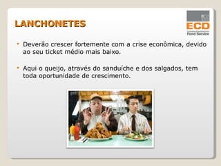 Deverão crescer fortemente com a crise econômica, devido ao seu ticket médio mais baixo. Aqui o queijo, através do sanduíche e dos salgados, tem toda oportunidade de crescimento. LANCHONETES 