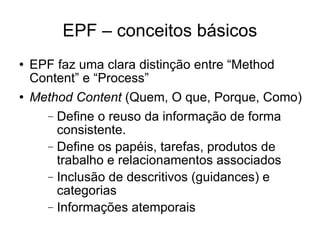 EPF – conceitos básicos EPF faz uma clara distinção entre “Method Content” e “Process” Method Content  (Quem, O que, Porque, Como)‏ Define o reuso da informação de forma consistente. Define os papéis, tarefas, produtos de trabalho e relacionamentos associados Inclusão de descritivos (guidances) e categorias Informações atemporais 