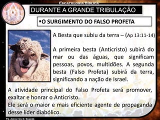 DURANTE A GRANDE TRIBULAÇÃO
O SURGIMENTO DO FALSO PROFETA
A Besta que subiu da terra – (Ap 13:11-14)
A primeira besta (Anticristo) subirá do
mar ou das águas, que significam
pessoas, povos, multidões. A segunda
besta (Falso Profeta) subirá da terra,
significando a nação de Israel.
A atividade principal do Falso Profeta será promover,
exaltar e honrar o Anticristo.
Ele será o maior e mais eficiente agente de propaganda
desse líder diabólico.
 