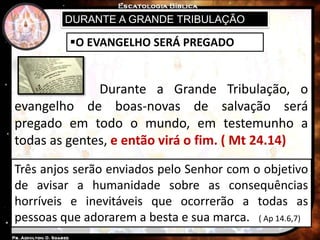 DURANTE A GRANDE TRIBULAÇÃO
O EVANGELHO SERÁ PREGADO
Durante a Grande Tribulação, o
evangelho de boas-novas de salvação será
pregado em todo o mundo, em testemunho a
todas as gentes, e então virá o fim. ( Mt 24.14)
Três anjos serão enviados pelo Senhor com o objetivo
de avisar a humanidade sobre as consequências
horríveis e inevitáveis que ocorrerão a todas as
pessoas que adorarem a besta e sua marca. ( Ap 14.6,7)
 
