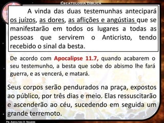 A vinda das duas testemunhas antecipará
os juízos, as dores, as aflições e angústias que se
manifestarão em todos os lugares a todas as
pessoas que servirem o Anticristo, tendo
recebido o sinal da besta.
De acordo com Apocalipse 11.7, quando acabarem o
seu testemunho, a besta que sobe do abismo lhe fará
guerra, e as vencerá, e matará.
Seus corpos serão pendurados na praça, expostos
ao público, por três dias e meio. Elas ressuscitarão
e ascenderão ao céu, sucedendo em seguida um
grande terremoto.
 