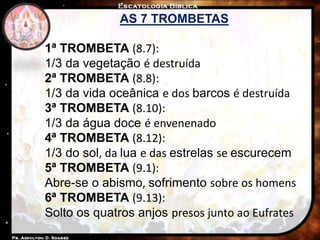 AS 7 TROMBETAS
1ª TROMBETA (8.7):
1/3 da vegetação é destruída
2ª TROMBETA (8.8):
1/3 da vida oceânica e dos barcos é destruída
3ª TROMBETA (8.10):
1/3 da água doce é envenenado
4ª TROMBETA (8.12):
1/3 do sol, da lua e das estrelas se escurecem
5ª TROMBETA (9.1):
Abre-se o abismo, sofrimento sobre os homens
6ª TROMBETA (9.13):
Solto os quatros anjos presos junto ao Eufrates
 