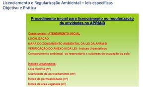 Licenciamento e Regularização Ambiental – leis específicas
Objetivo e Prática
 