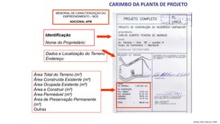 CARIMBO DA PLANTA DE PROJETO
MEMORIAL DE CARACTERIZAÇÃO DO
EMPREENDIMENTO – MCE
ADICIONAL APM
Dados e Localização do Terreno
Endereço:
Identificação
Nome do Proprietário:
Área Total do Terreno (m²)
Área Construída Existente (m²)
Área Ocupada Existente (m²)
Área a Construir (m²)
Área Permeável (m²)
Área de Preservação Permanente
(m²)
Outras
Cetesb, 2014. Marrani, VMA
 