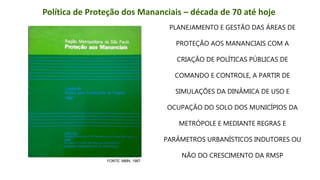 Coordenadoria de Planejamento Ambiental
Departamento de Informações Ambientais
Centro de Integração e Gerenciamento de Informações
Política de Proteção dos Mananciais – década de 70 até hoje
PLANEJAMENTO E GESTÃO DAS ÁREAS DE
PROTEÇÃO AOS MANANCIAIS COM A
CRIAÇÃO DE POLÍTICAS PÚBLICAS DE
COMANDO E CONTROLE, A PARTIR DE
SIMULAÇÕES DA DINÂMICA DE USO E
OCUPAÇÃO DO SOLO DOS MUNICÍPIOS DA
METRÓPOLE E MEDIANTE REGRAS E
PARÂMETROS URBANÍSTICOS INDUTORES OU
NÃO DO CRESCIMENTO DA RMSP
FONTE: MMN, 1987
 
