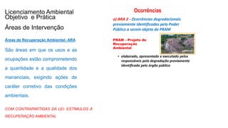 Coordenadoria de Planejamento Ambiental
Departamento de Informações Ambientais
Centro de Integração e Gerenciamento de Informações
Áreas de Recuperação Ambiental- ARA
São áreas em que os usos e as
ocupações estão comprometendo
a quantidade e a qualidade dos
mananciais, exigindo ações de
caráter corretivo das condições
ambientais.
a) ARA 2 - Ocorrências degradacionais
previamente identificadas pelo Poder
Público a serem objeto de PRAM
PRAM – Projeto de
Recuperação
Ambiental
• elaborado, apresentado e executado pelos
responsáveis pela degradação previamente
identificada pelo órgão público
OcorrênciasLicenciamento Ambiental
Objetivo e Prática
Áreas de Intervenção
COM CONTRAPARTIDAS DA LEI: ESTÍMULOS À
RECUPERAÇÃO AMBIENTAL
 