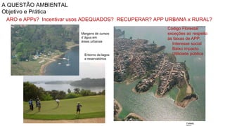 Coordenadoria de Planejamento Ambiental
Departamento de Informações Ambientais
Centro de Integração e Gerenciamento de Informações
A QUESTÃO AMBIENTAL
Objetivo e Prática
ARO e APPs? Incentivar usos ADEQUADOS? RECUPERAR? APP URBANA x RURAL?
Cetesb,
Entorno de lagos
e reservatórios
Margens de cursos
d´água em
áreas urbanas
Código Florestal
exceções ao respeito
às faixas de APP:
Interesse social
Baixo impacto
Utilidade pública
 