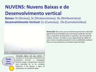 NUVENS: Nuvens Baixas e de
Desenvolvimento vertical
Baixas: St (Stratus), Sc (Stratocumulus), Ns (Nimbustratus)
Desenvolvimento Vertical: Cu (Cumulus), Cb (Cumulonimbus)
Stratus (St): São nuvens que normalmente apresentam coloração
ligeiramente acinzentada e são muito baixas, podendo inclusive
tocar a superfície. Quando tocam a superfície, são chamadas de
neblina, nevoeiro, cerração ou ruço, dependendo da região do
país e nessas situações prejudicam muito a visibilidade, podendo
fazer com que aeroportos ou estradas sejam fechados.
“Cerração baixa, Sol que racha”: O
nevoeiro se forma pelo resfriamento da
atmosfera durante a madrugada,
fazendo atingir a temperatura suficiente
para saturação do ar de umidade.
Conforme o Sol aquece, a água vai
voltando ao seu estado de vapor.
Ditado
típico
gaúcho
 