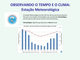 OBSERVANDO O TEMPO E O CLIMA:
Estação Meteorológica
A Estação Meteorológica do IAG-USP tem 82 anos de funcionamento!
Para que uma estação meteorológica seja considerada climatológica,
ela tem que ter pelo menos 30 anos de funcionamento.
Climatológica: Significa que descreve o clima do local
 